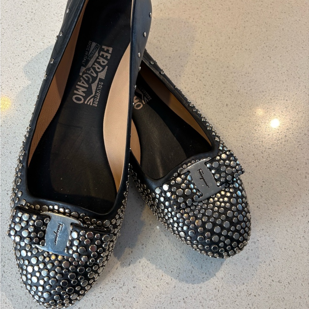 Salvatore Ferragamo Black Silver Studded Flats - Picture 2 of 7
